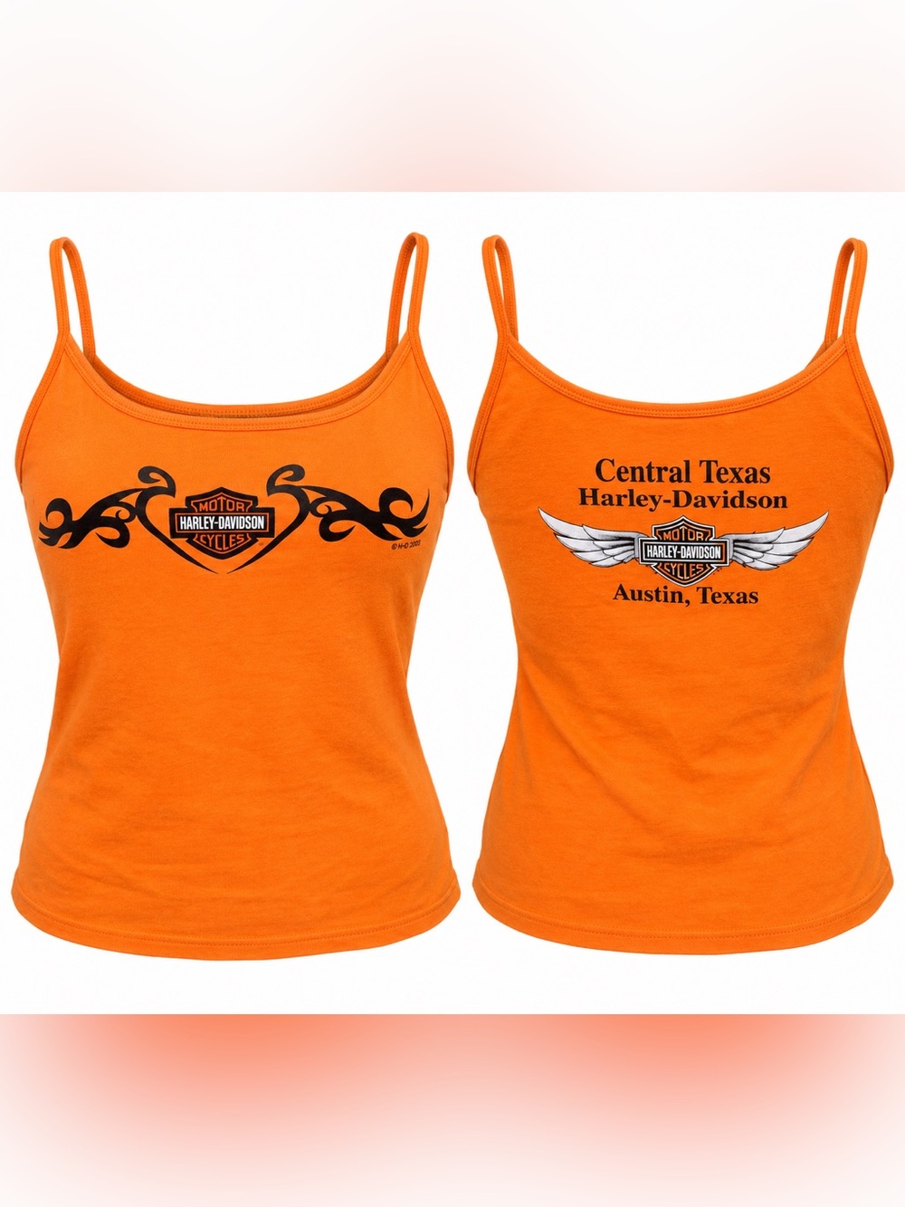 Vintage 2003 Harley Davidson Orange Cami Tank Top Y2K Biker Moto Tribal Baby Tee